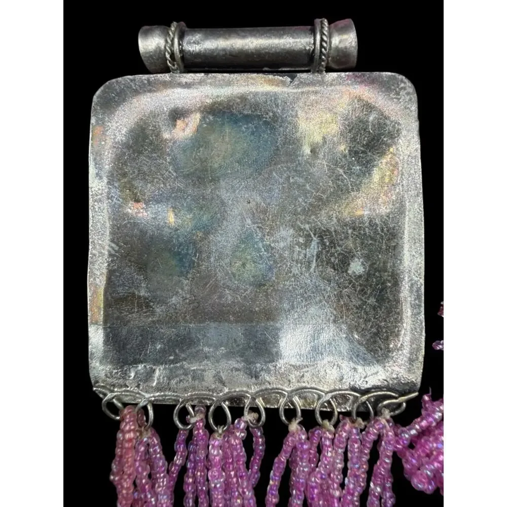 Handmade Pink Multi-Strand Beaded Necklace with Ornate Square Pendant